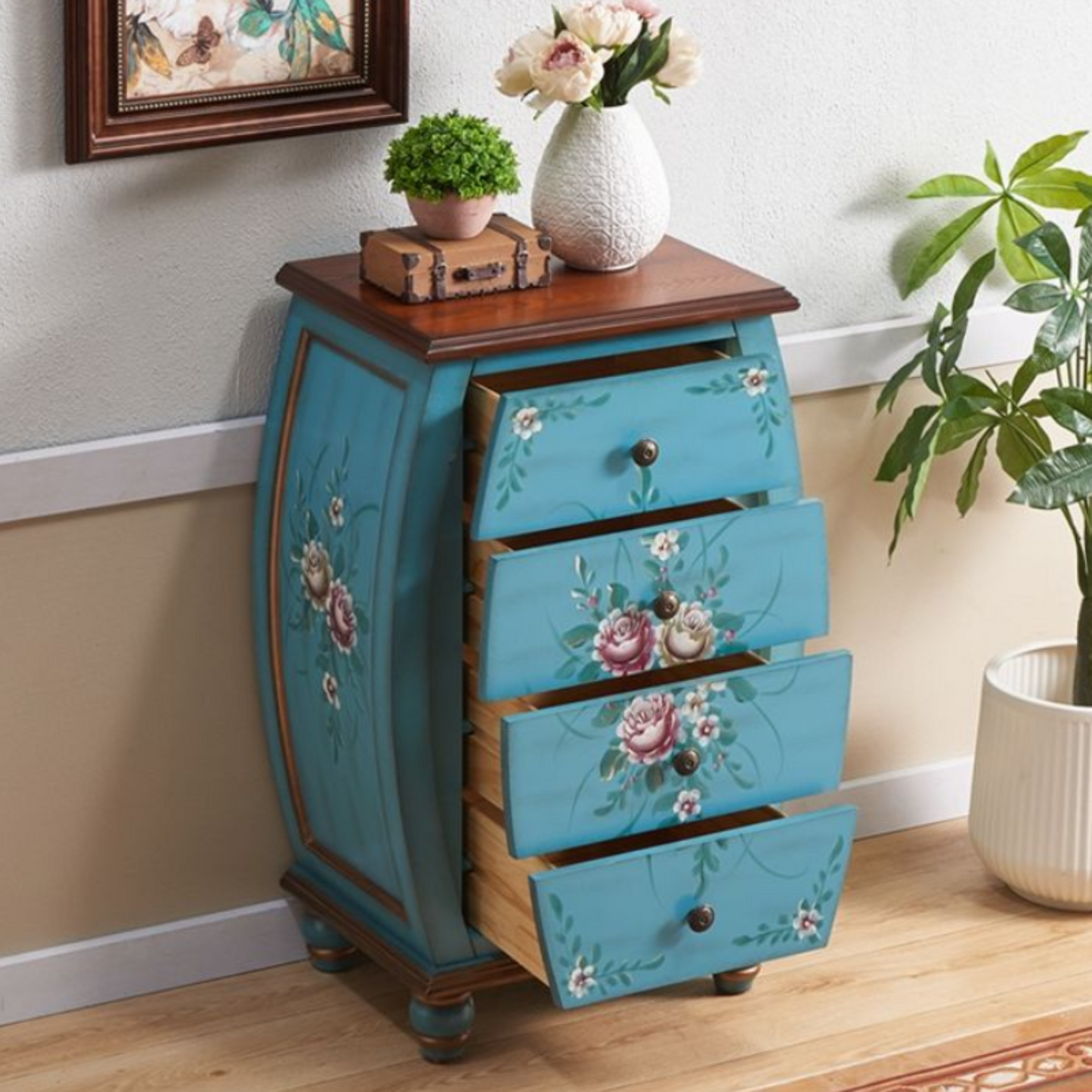 Vintage Hand-Painted Solid Wood Drawer Carved Narrow Side Cabinet