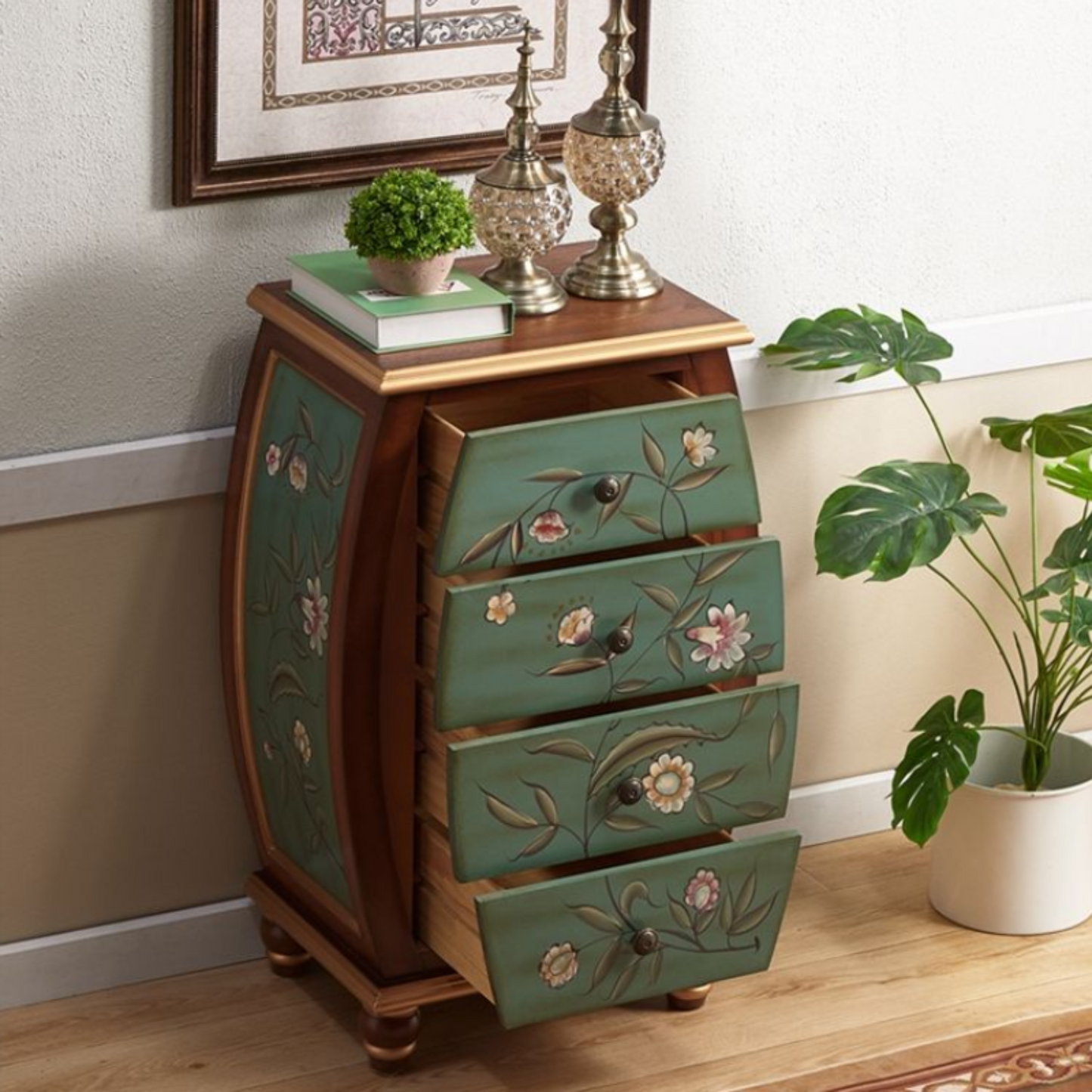 Vintage Hand-Painted Solid Wood Drawer Carved Narrow Side Cabinet