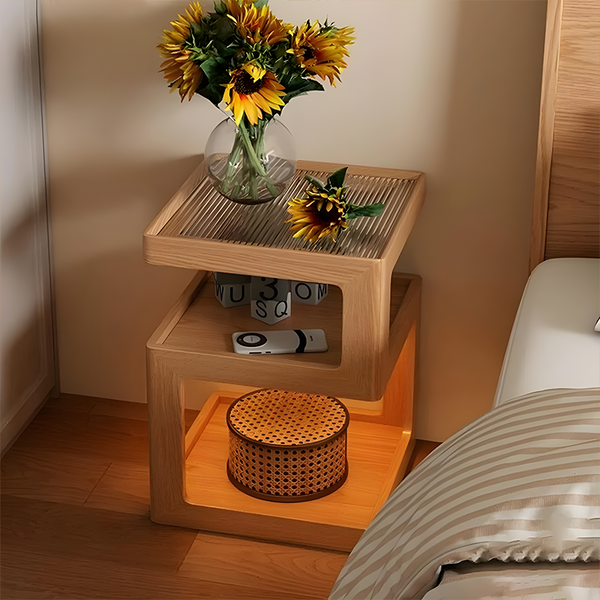 Modern Solid Wood Nightstand with 3-Tier Storage – S-Shaped Bedside Table with Tempered Glass Top