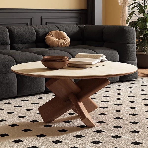 Solid Wood Round Coffee Table with Sintered Stone & Wood Top – Modern Scandinavian Style