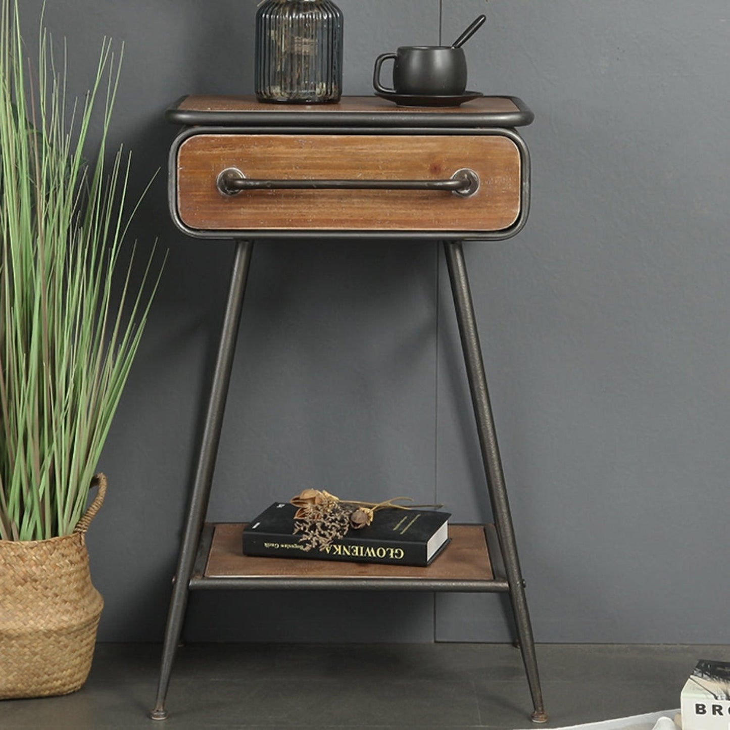 Retro Side Table with Drawer & Shelf Wooden top Metal Legs