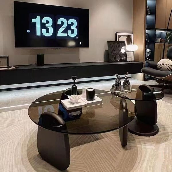 Modern Glass Coffee Table Set, Round Tempered Glass Top with Solid Wood Base – Contemporary Living Room Center Table