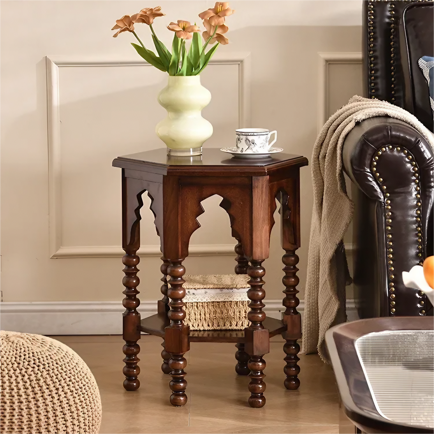 Hollow Hexagon Solid Wood End Table with Double Pedestal Base Storage Side Table Corner Table