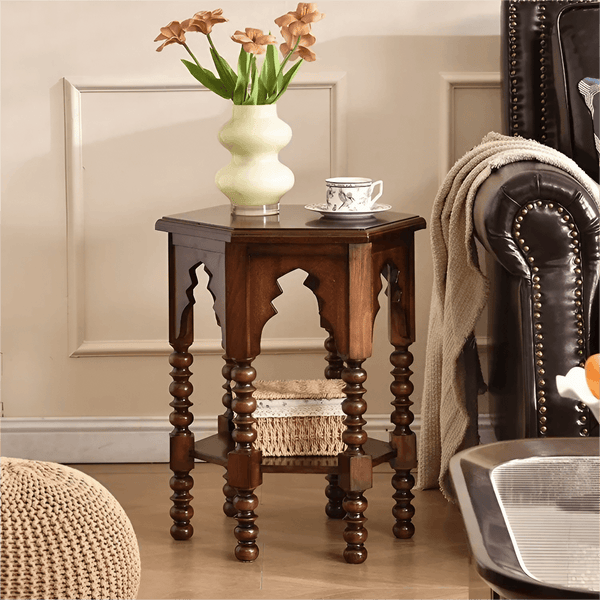 Hollow Hexagon Solid Wood End Table with Double Pedestal Base Storage Side Table Corner Table