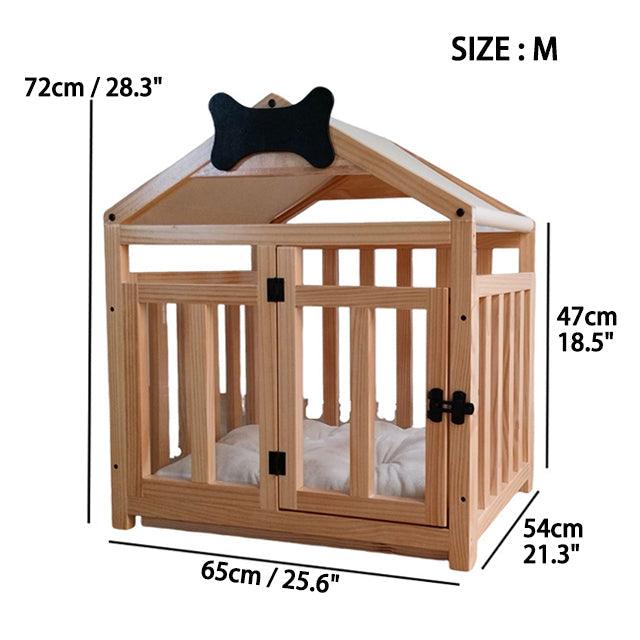 Solid Wood Doghouse with Overhanging Roof, Base and Cushion