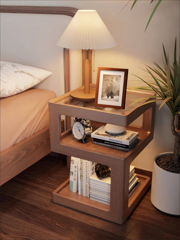 Solid Wood S-Shaped Nightstand with 3-Tier Storage – Modern Bedside Table with Tempered Glass Top for Bedroom & Living Room