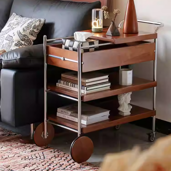 Solid Wood Sofa Side Cabinet, Vintage Cart, Mobile Bedside Cabinet, Multi-Tier Storage Side Cabinet, Solid Wood Side Table