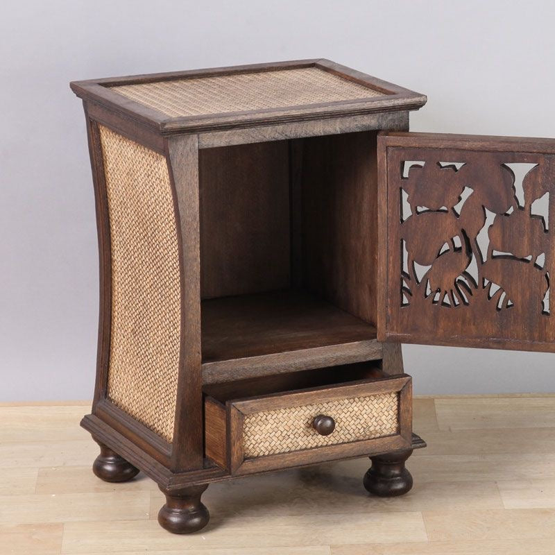 Craftsman style hand carved and rattan bedside table