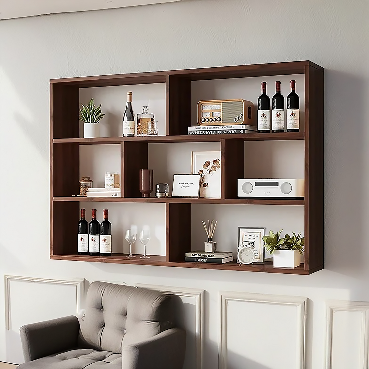 3-Tier Solid Wood Wall Mounted Bookshelf,Wine Rack,Cup Storage Rack,Wall Hanging Display