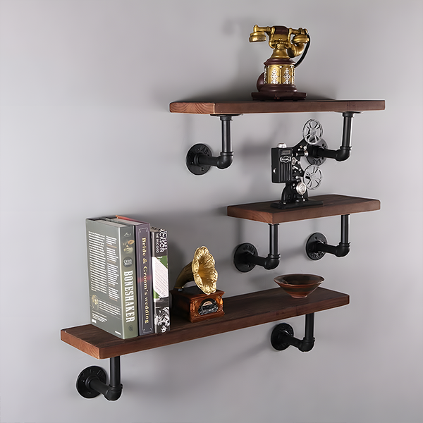 Handcrafted Solid Wood Floating Shelf with Industrial Iron Pipe Brackets