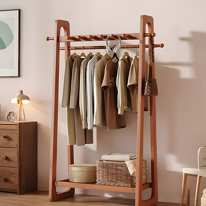 Solid Rubber Wood Garment Rack with Shelf – Minimalist Japandi Clothin ...