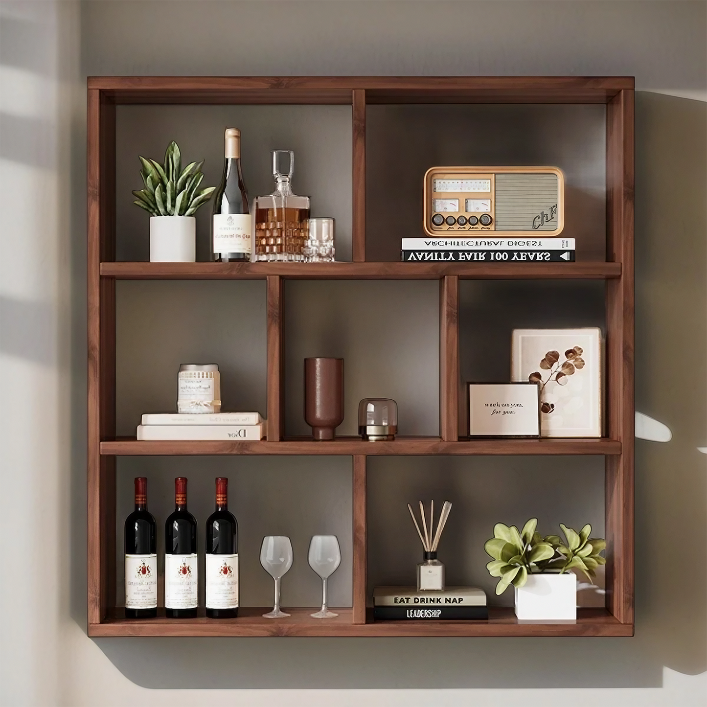 3-Tier Solid Wood Wall Mounted Bookshelf,Wine Rack,Cup Storage Rack,Wall Hanging Display