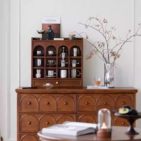 Vintage Solid Wood Cup Holder, Minimalist Cup Rack, Living Room Tabletop Display Stand, Multi-Compartment Grid Shelf