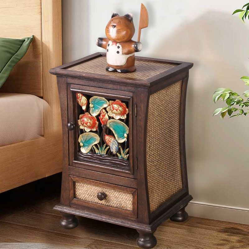 Craftsman style hand carved and rattan bedside table