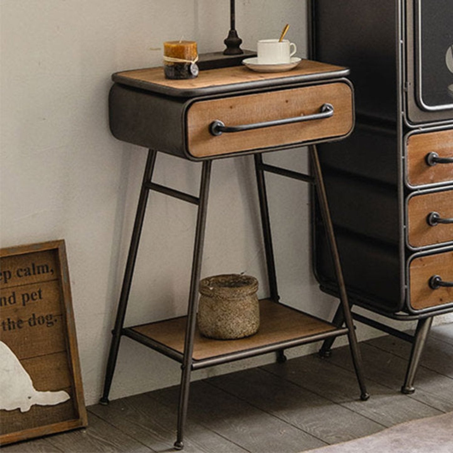 Retro Side Table with Drawer & Shelf Wooden top Metal Legs