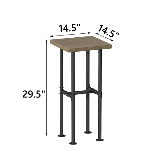Stylish industrial bar table, featuring a 14.5-inch square wood top and sturdy 29.5-inch metal legs, perfect for modern home decor.