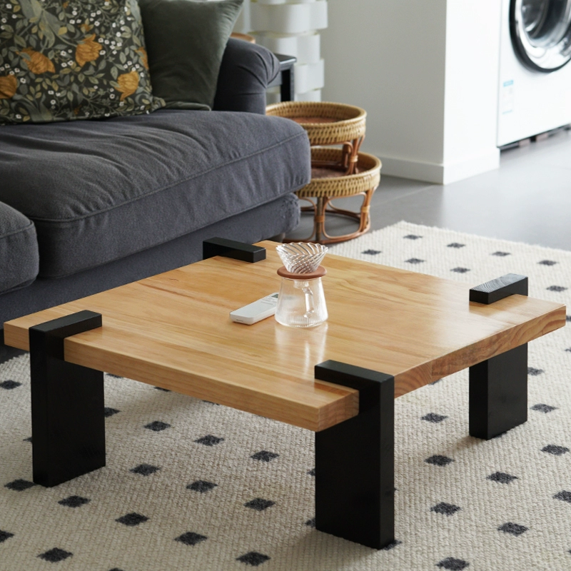 Solid Wood Square Coffee Table with Black Wooden Base, Heavy Wood Short Center Table