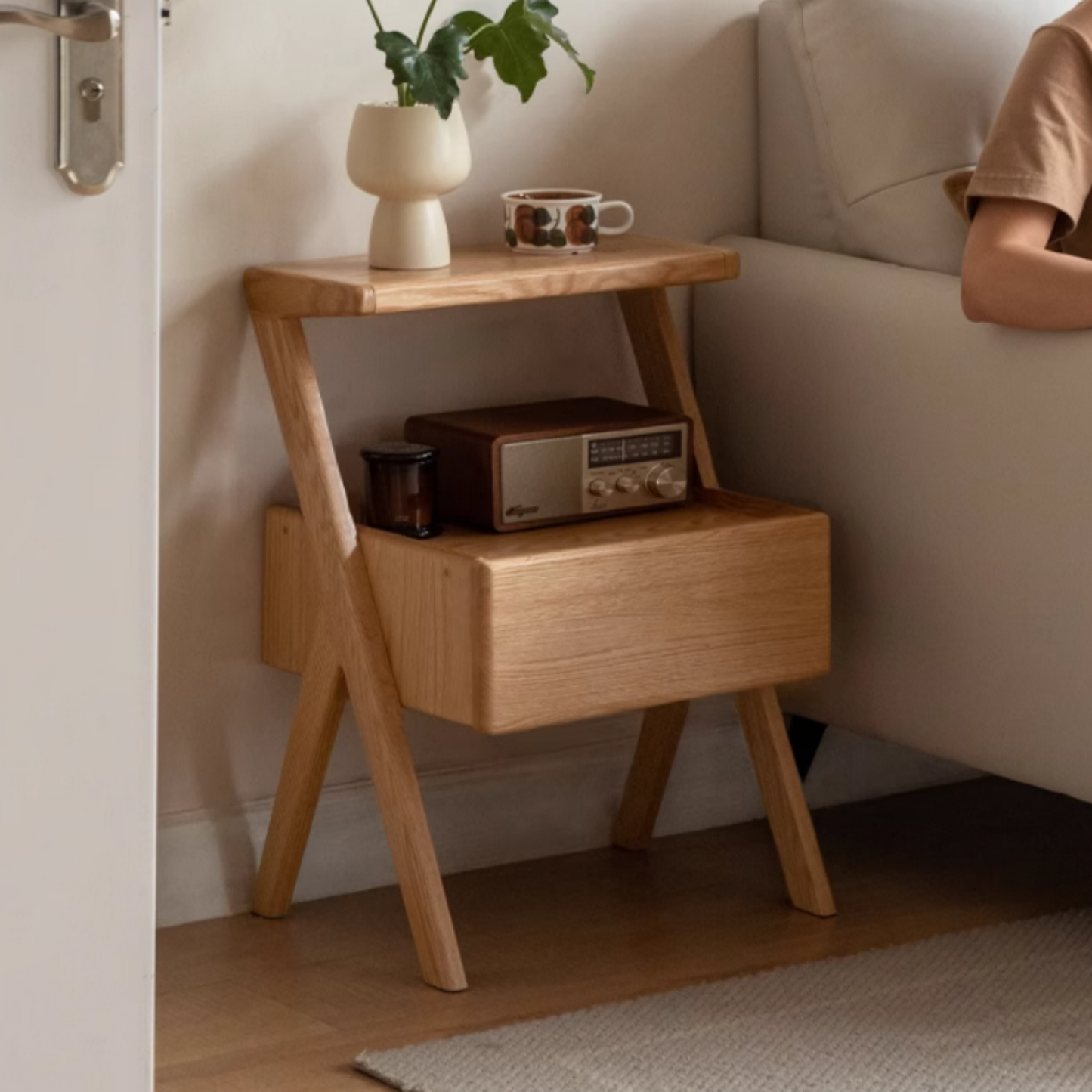 Oak Solid Wood Bedside Organizer with Integrated Lighting