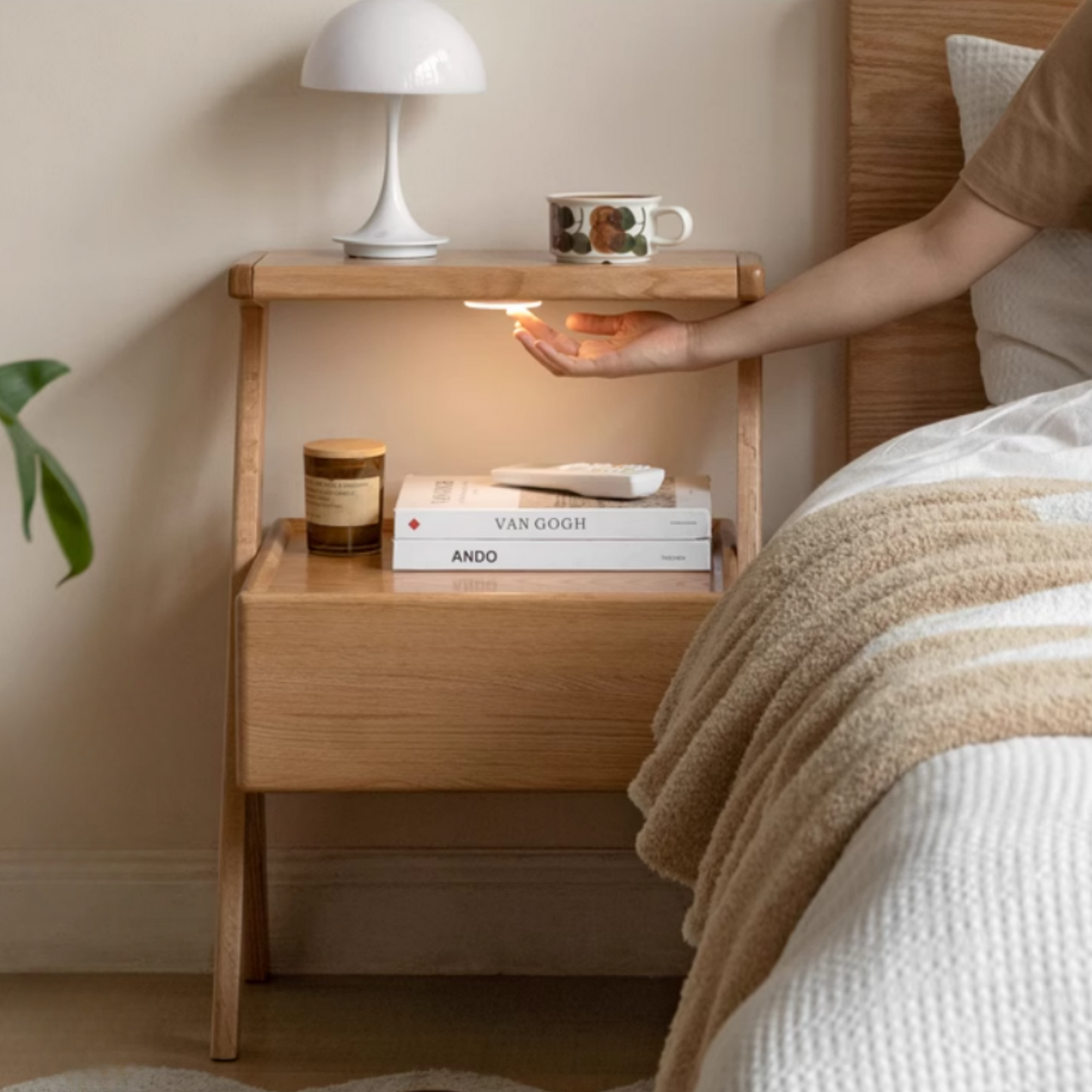 Oak Solid Wood Bedside Organizer with Integrated Lighting