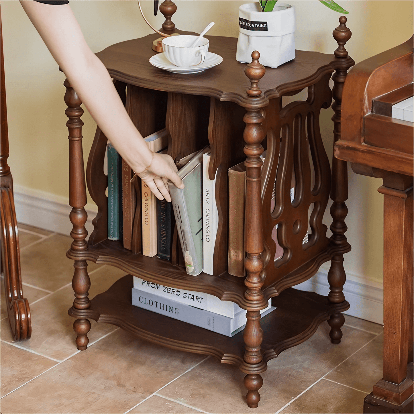 Scandinavian Solid Wood Side Table with Four Roman Column Leg & Base, Bookshelf Side Cabinet