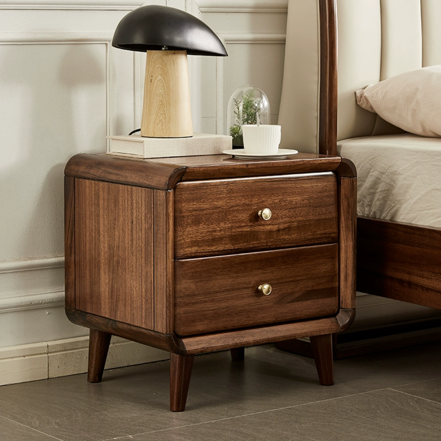 Walnut Solid Wood Double Drawer Nightstand Bedroom Bedside Cabinet