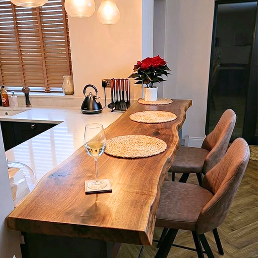"Onegrain" Counter High Bar Table — Custom Size Single-Slab Live Edge Narrow Kitchen Table with Steel Legs