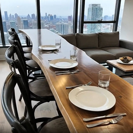"Onegrain" Bar Table Breakfast Table — A Single-Slab Live Edge Console Table with Steel Legs, Born from One Grain, Made to Last