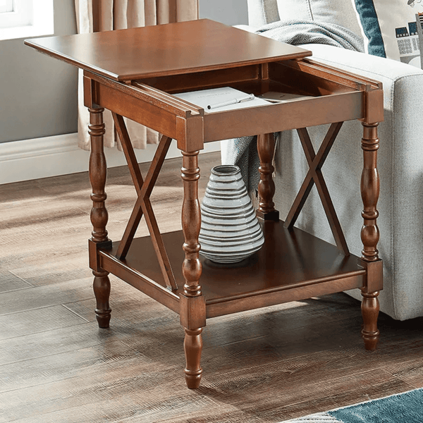 Oak Wood Sofa Side Table with Sliding Tabletop, Roman Column Table Legs Design Square Table