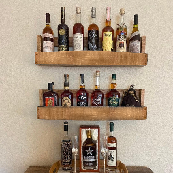 Whiskey Bottle display shelf,  Oak Stave Hanging Shelf, Set of 2