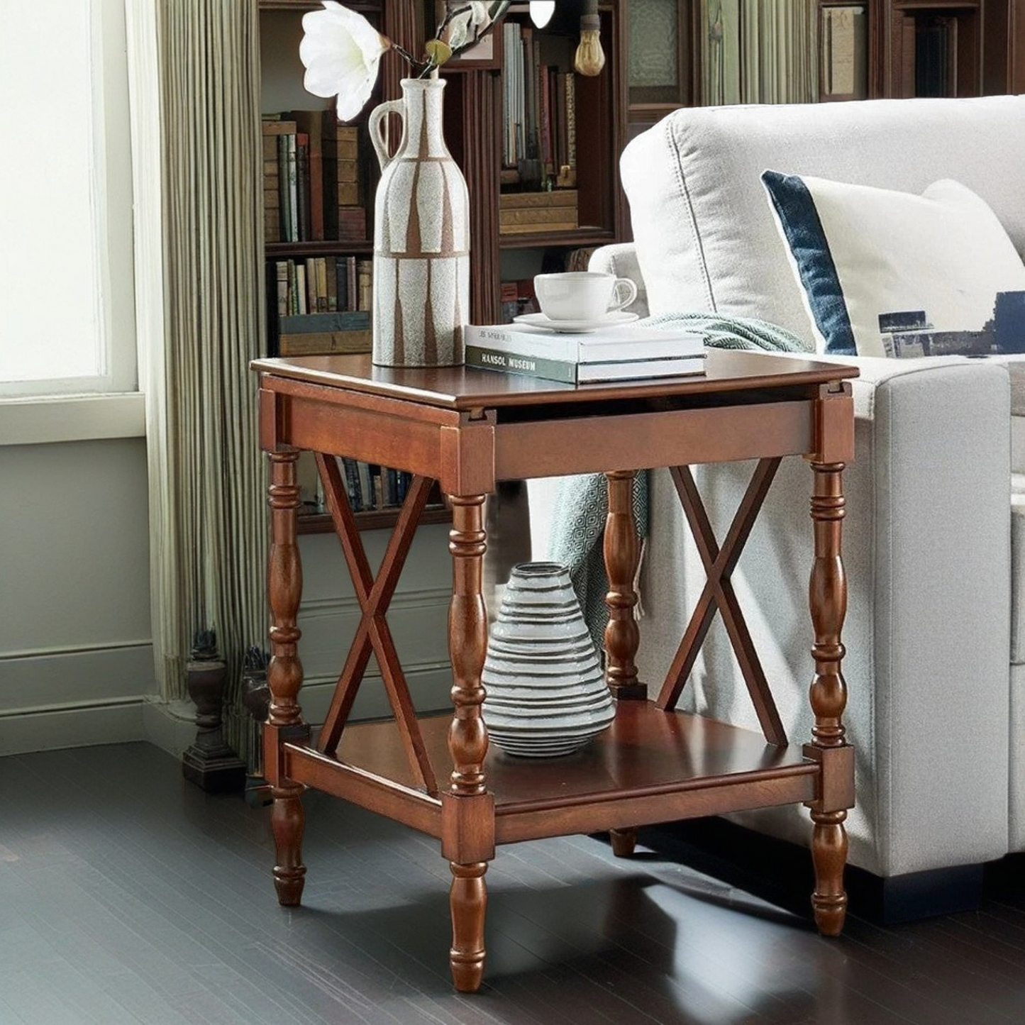 Oak Wood Sofa Side Table with Sliding Tabletop, Roman Column Table Legs Design Square Table