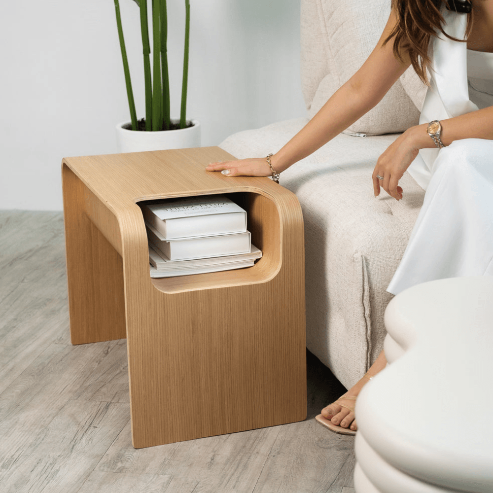 Oak Wood C-Style End Table with Magazine Rack Organizer