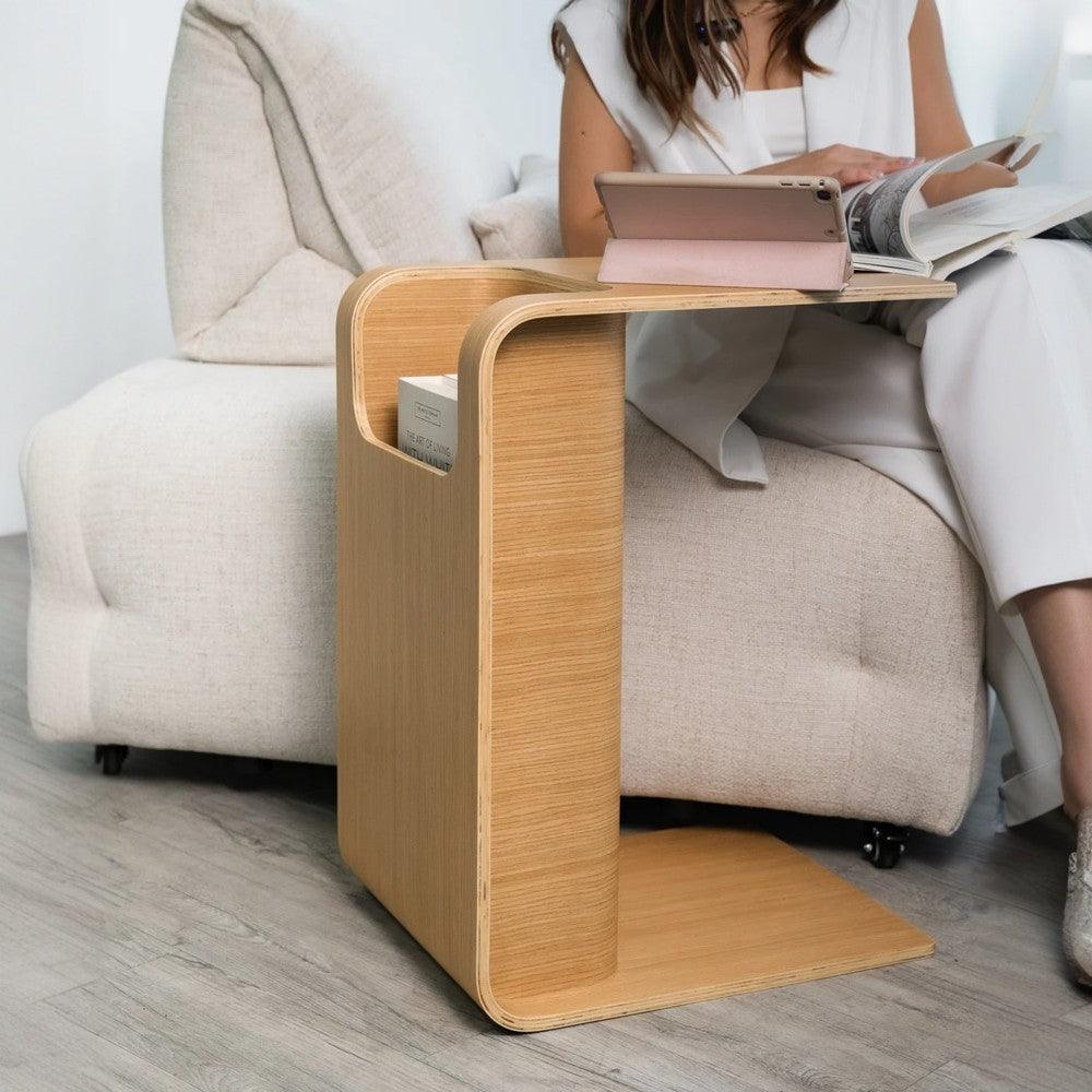 Oak Wood C-Style End Table with Magazine Rack Organizer