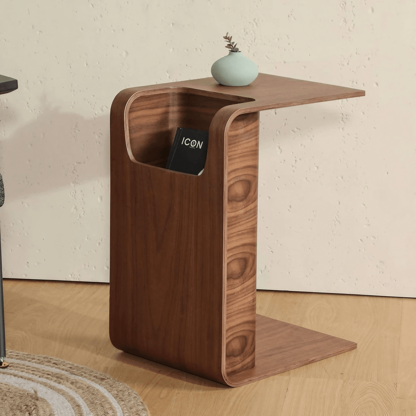 Oak Wood C-Style End Table with Magazine Rack Organizer