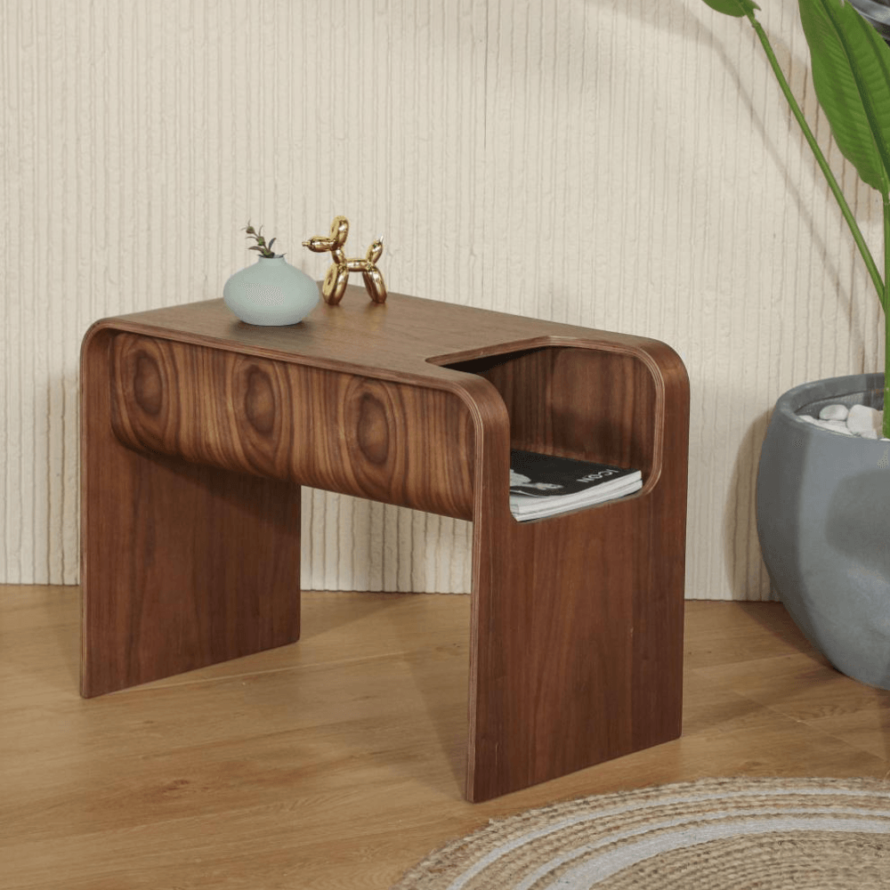 Oak Wood C-Style End Table with Magazine Rack Organizer