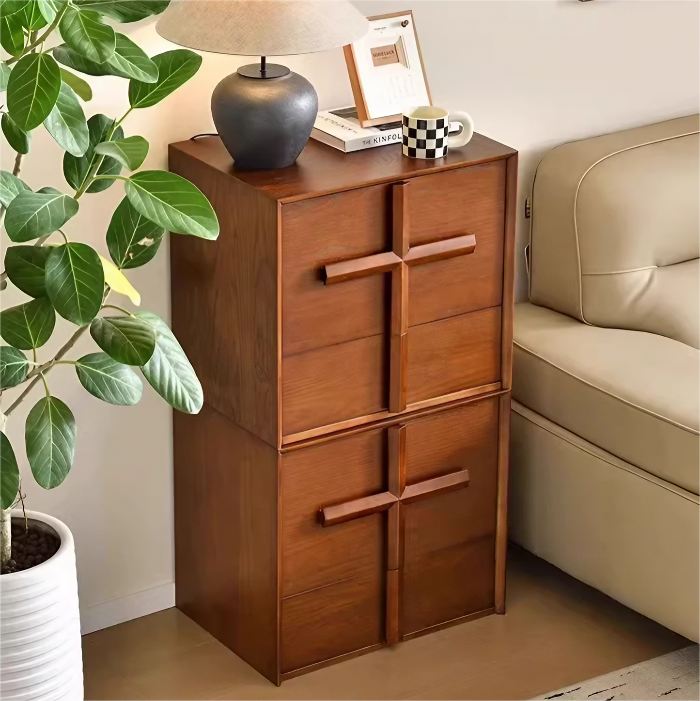 Solid Wood Two-Drawer Nightstand Cross Cabinet Combination Cabinet