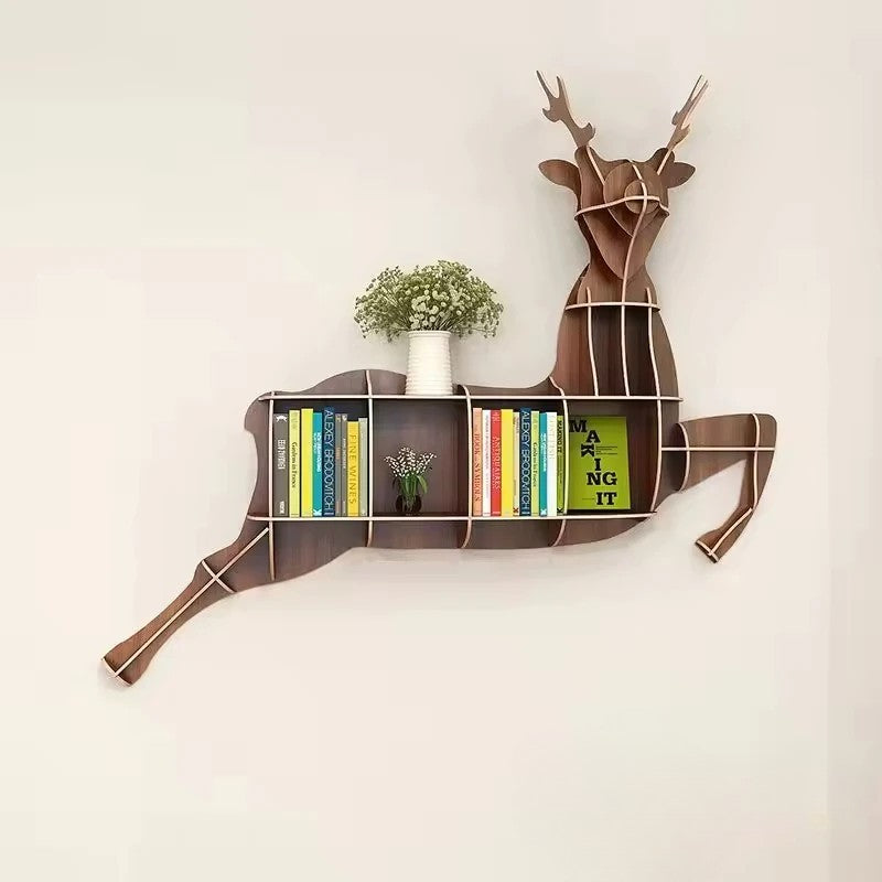 Wooden Elk Wall Animal Shape Bookshelf Storage Rack