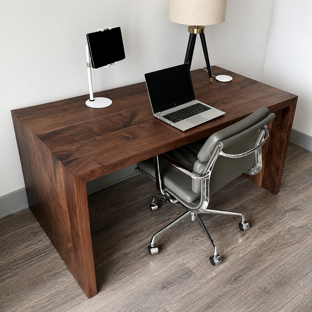 Modern Waterfall Desk, Handmade Straight Edge Desk, Black Walnut
