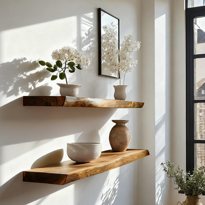 Live edge floating shelves, real wood, aged oak color