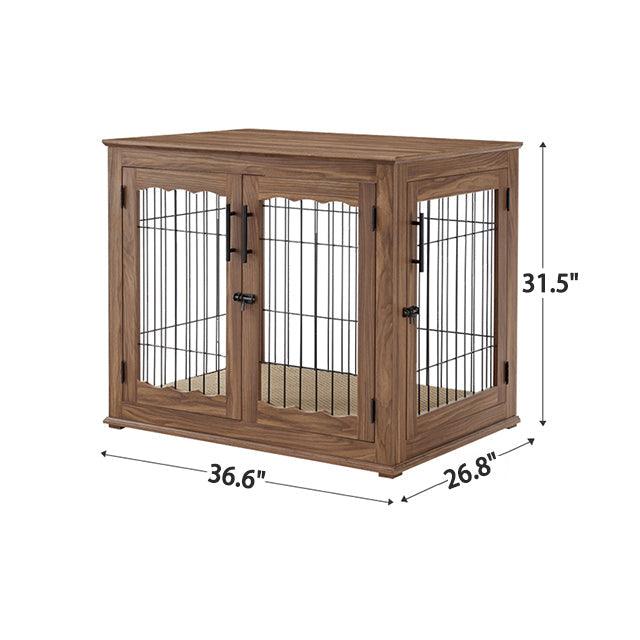 Furniture Style Dog Crate End Table, Double Doors Wooden Wire Dog Kennel with Pet Bed