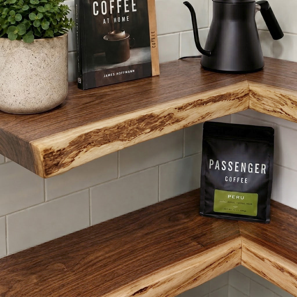 Walnut Wood Finish - L Shaped Live Edge Solid Wood Floating Shelves ...