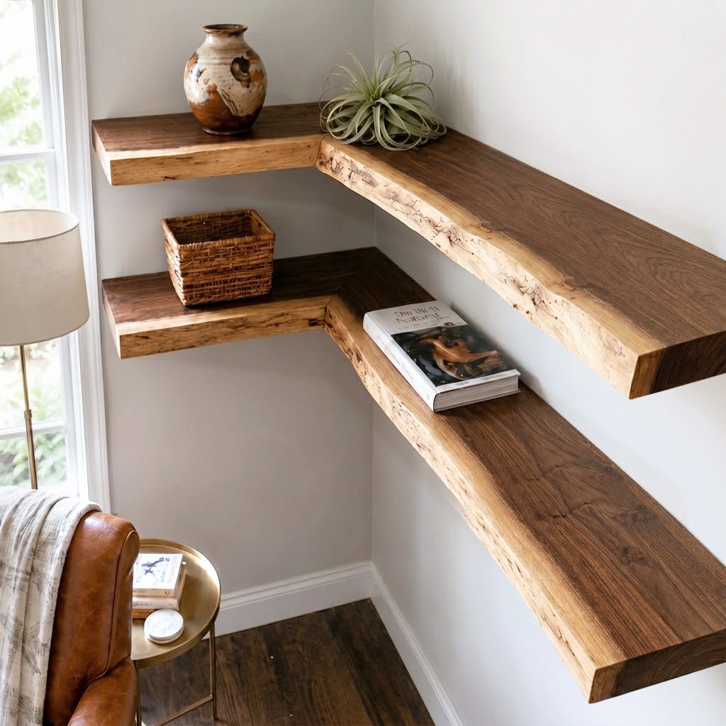 Wodd Color Code Walnut Wood Finish - L Shaped Live Edge Solid Wood Floating Shelves ...