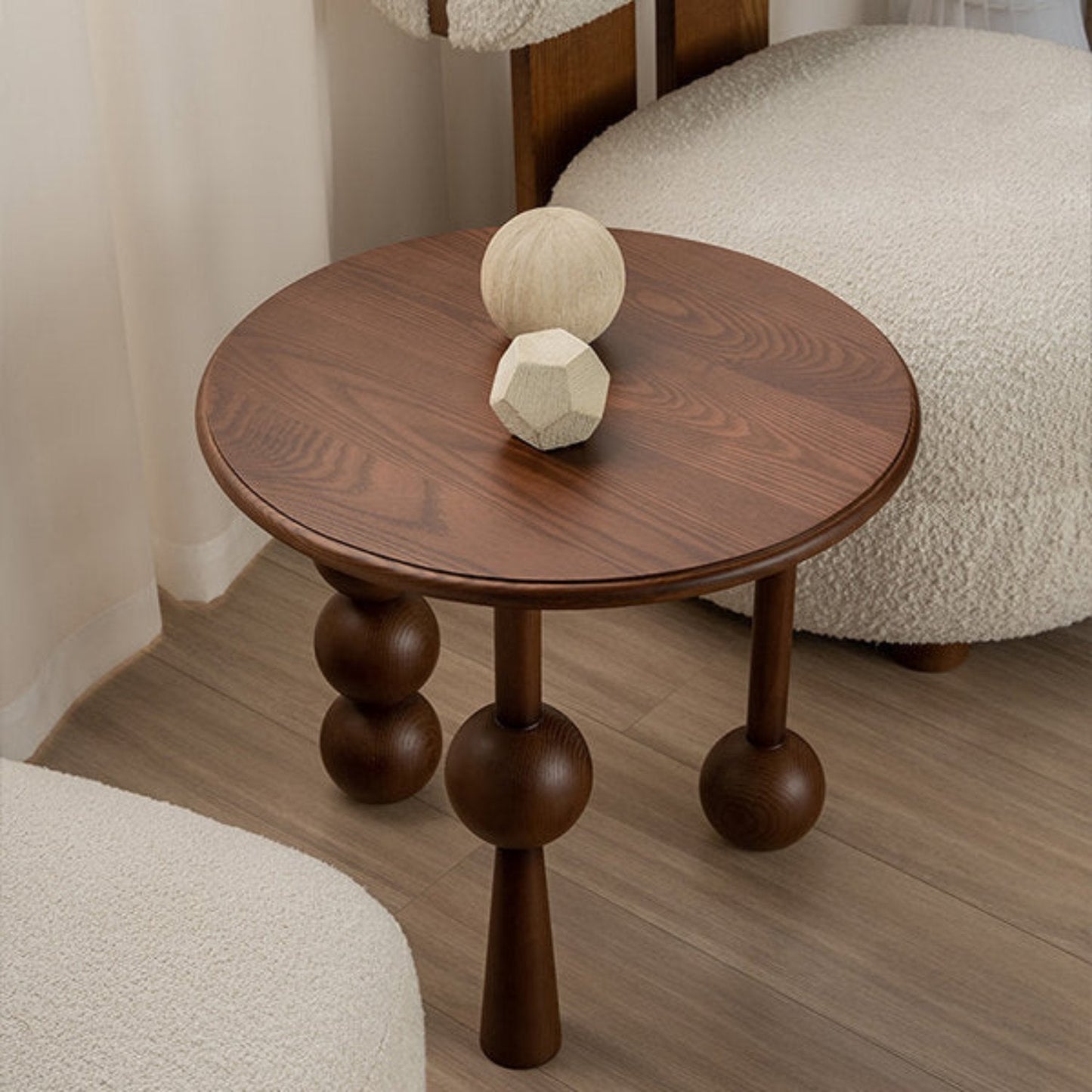 Mid-Century Modern Ash Solid Wood Sphere Legged Side Table