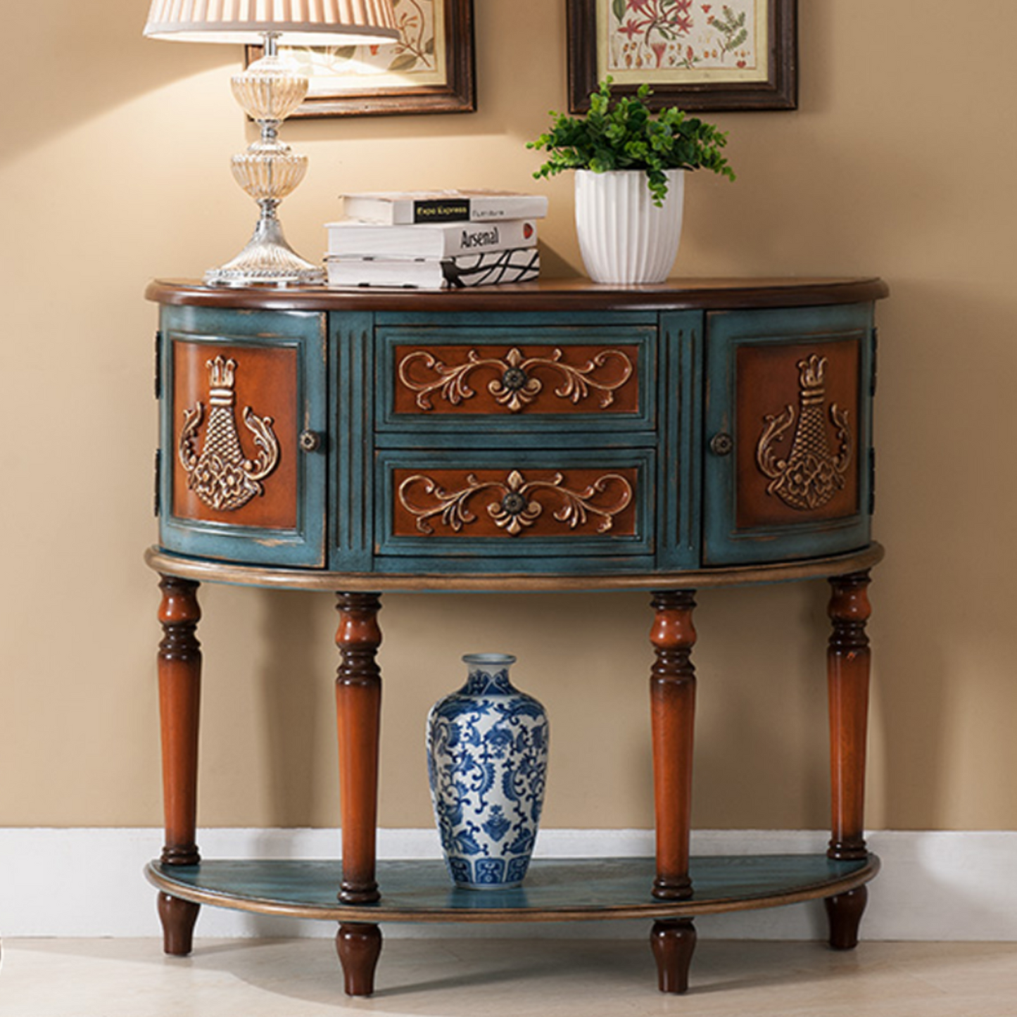 Retro Hand-Painted Semi-Circular Carved Wall-Mounted Hallway Table