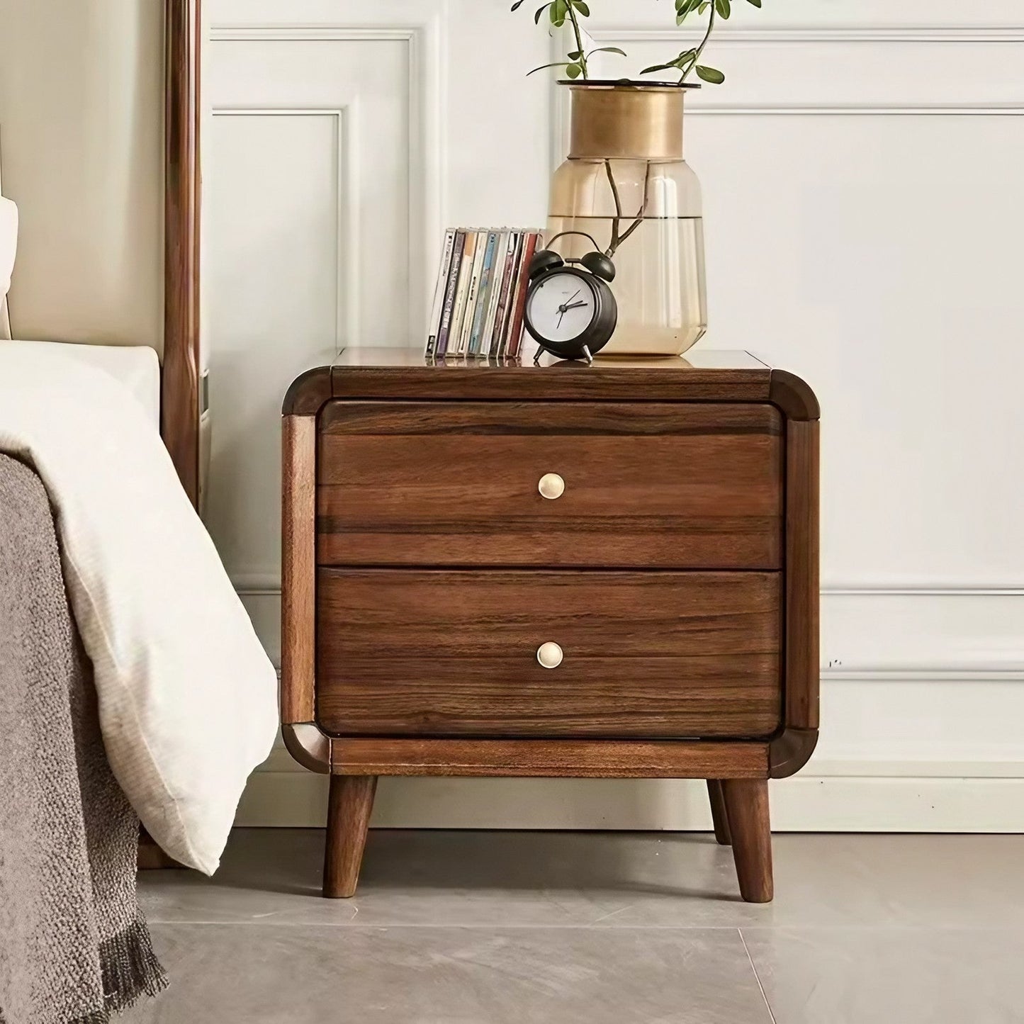 Walnut Solid Wood Double Drawer Nightstand Bedroom Bedside Cabinet