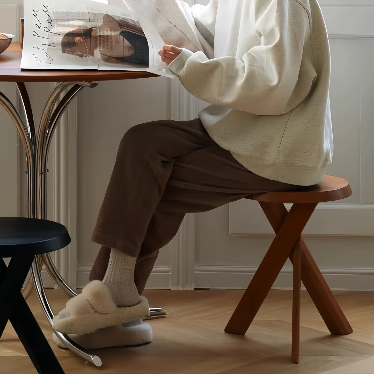 Solid Wood Round Side Table with Cross Legs  Living Room Tray Table Dressing Chair Dining Stool