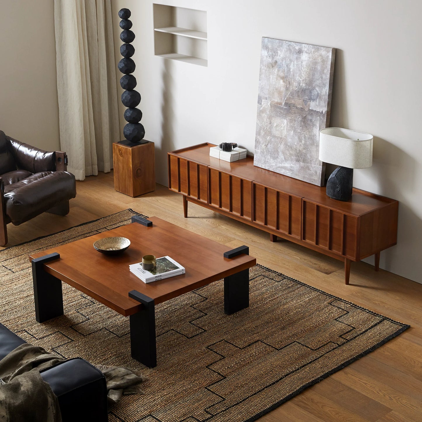 Solid Wood Square Coffee Table with Black Wooden Base, Heavy Wood Short Center Table