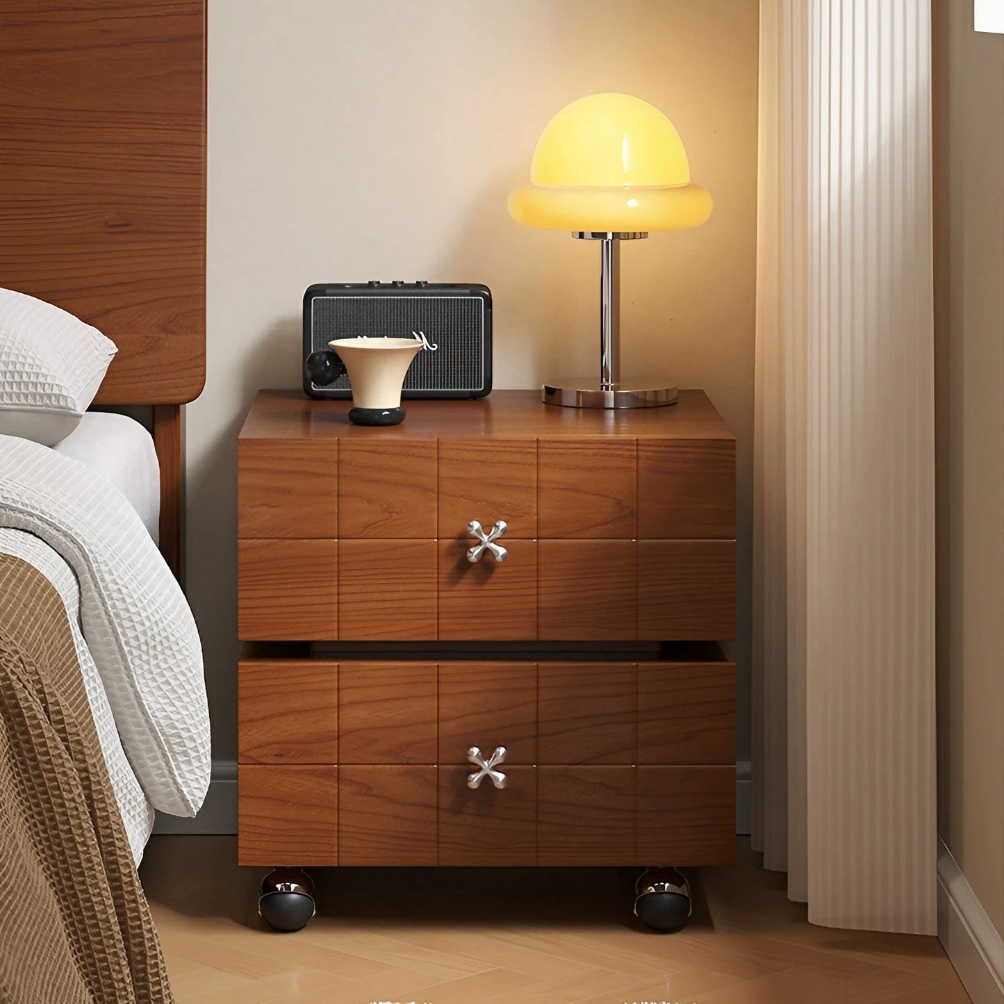 Rotatable Double Layer Solid Wood Nightstand with Wheels And Movable Drawer Storage Bedside Cabinet