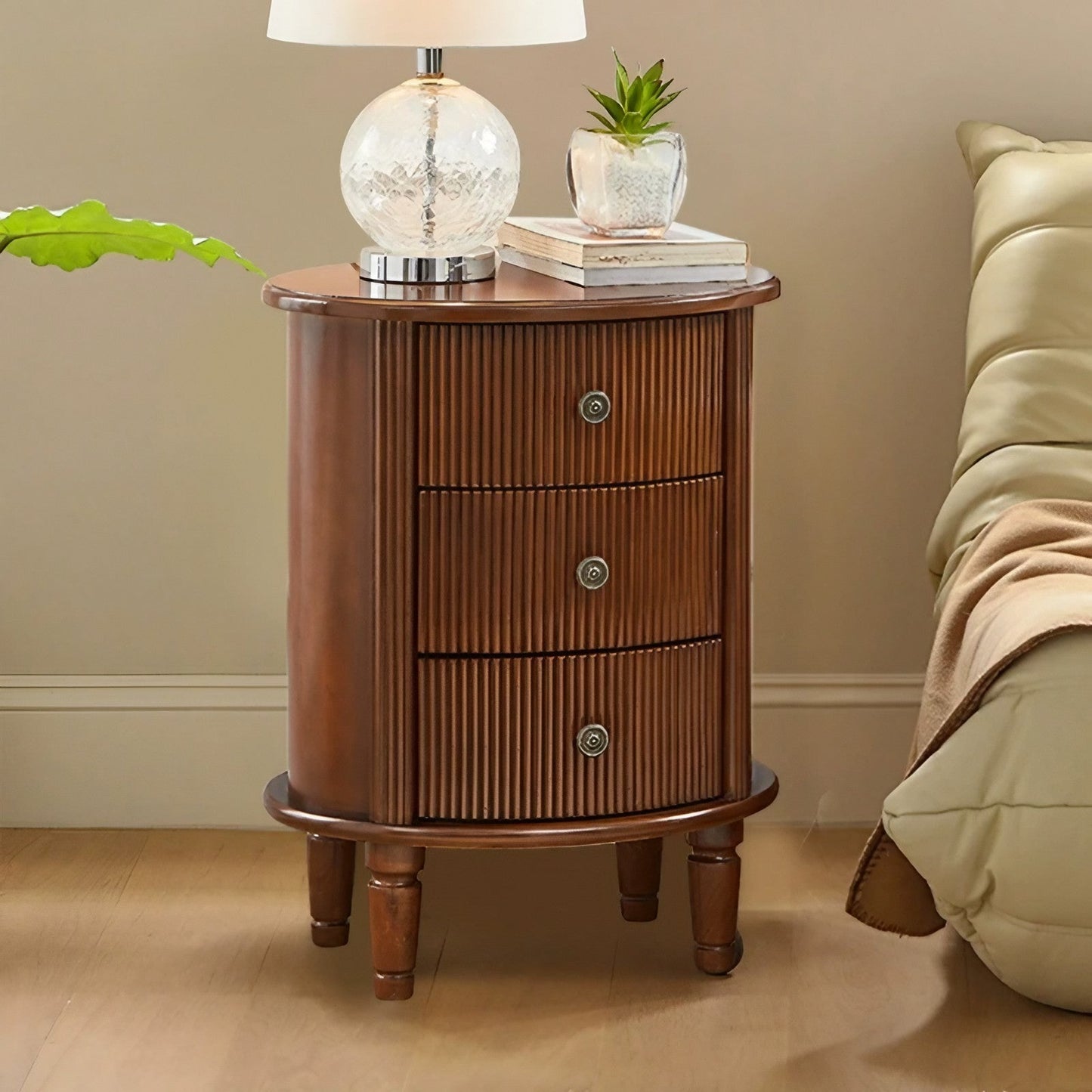 Oak Solid Wood Oval Storage Cabinet with 3 Drawer