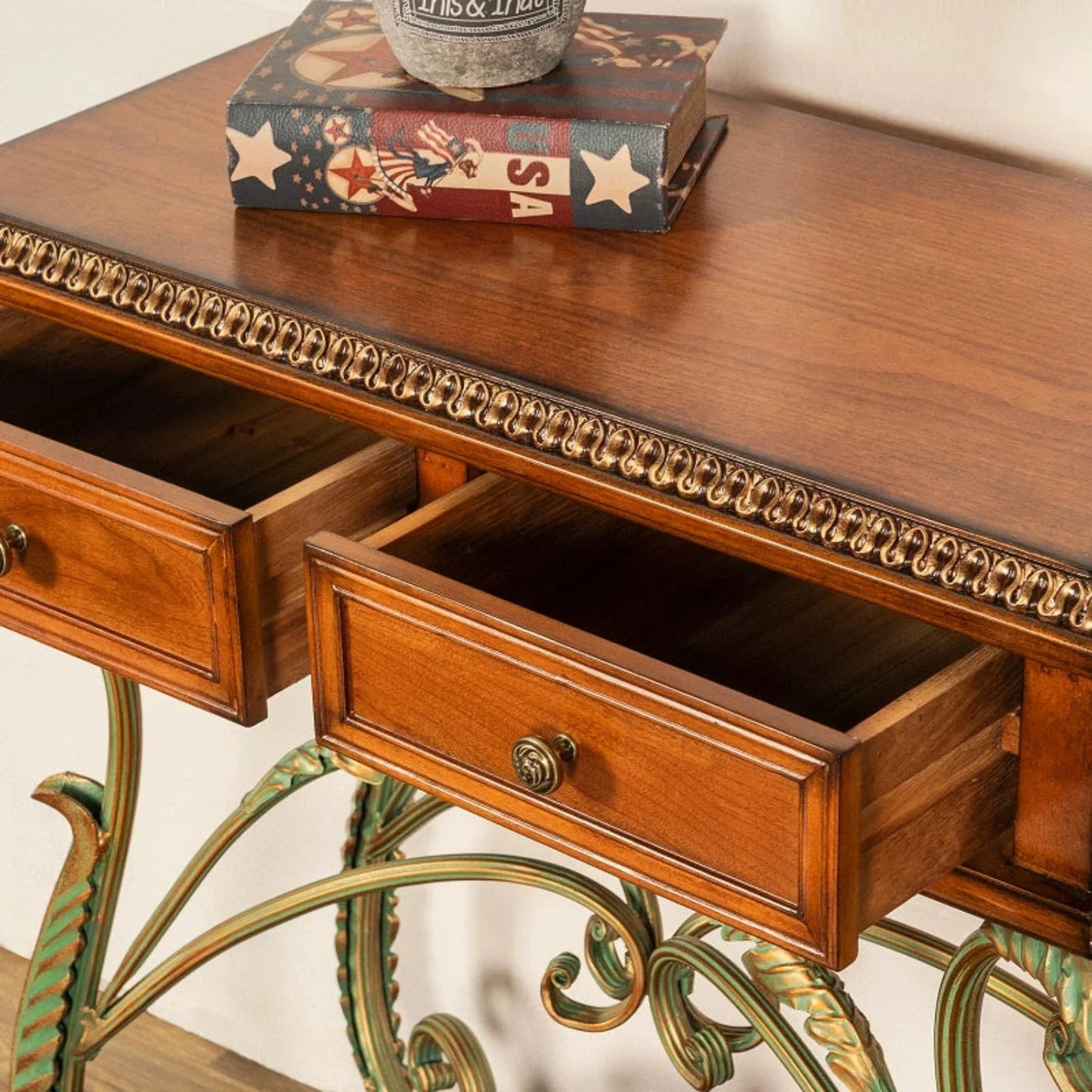 Retro Solid Wood Carving Console Table With 2 Drawers, Metal Flower Vine Table Legs