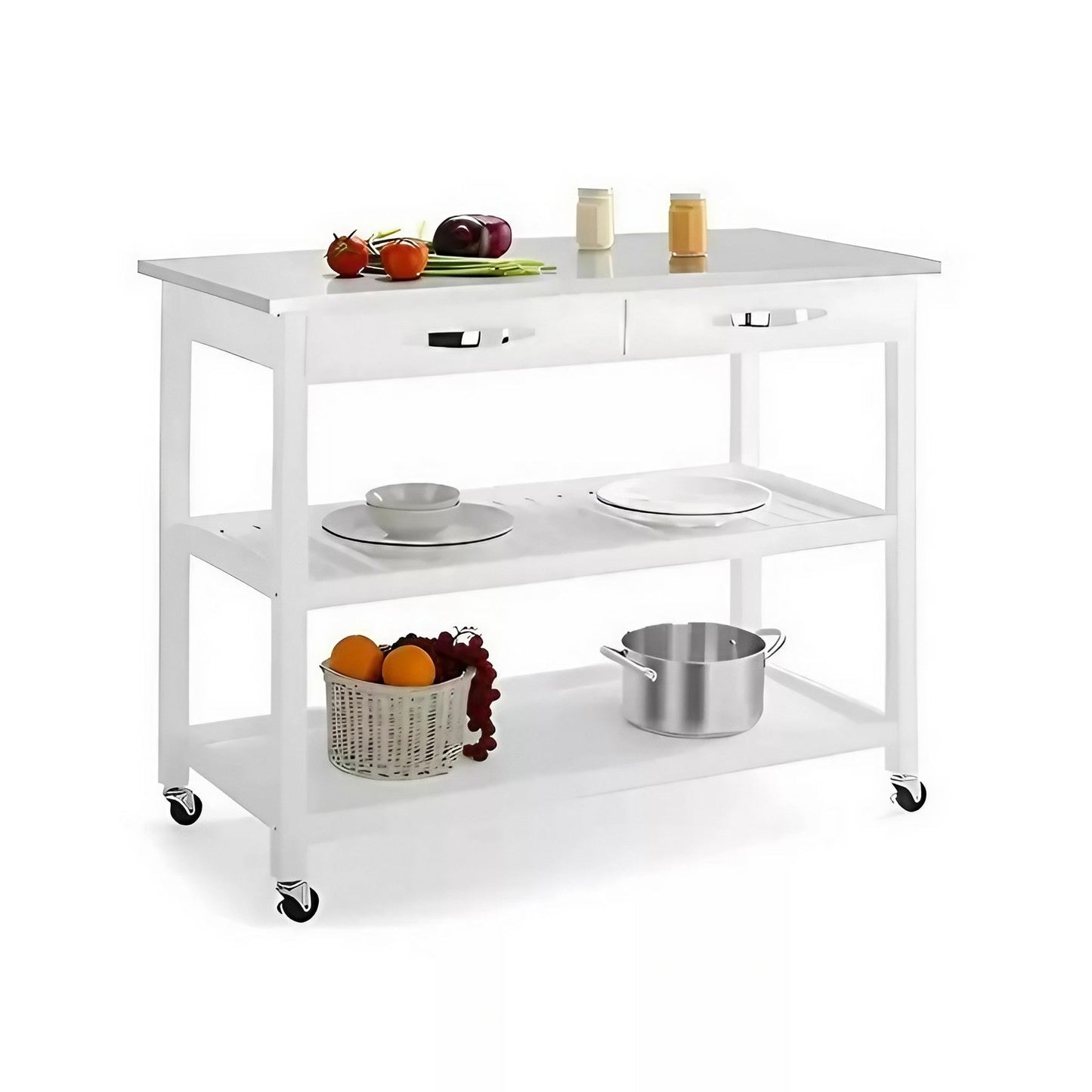 White Kitchen Cart with Stainless Steel Top  Mobile Kitchen Butcher Block Table Island With Drawer